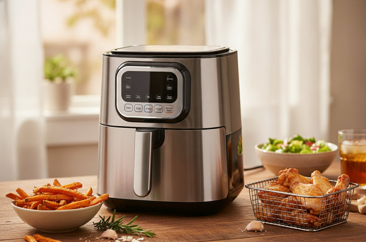 Instant Pot Vortex Plus 6-quart air fryer with basket open showing crispy fries
