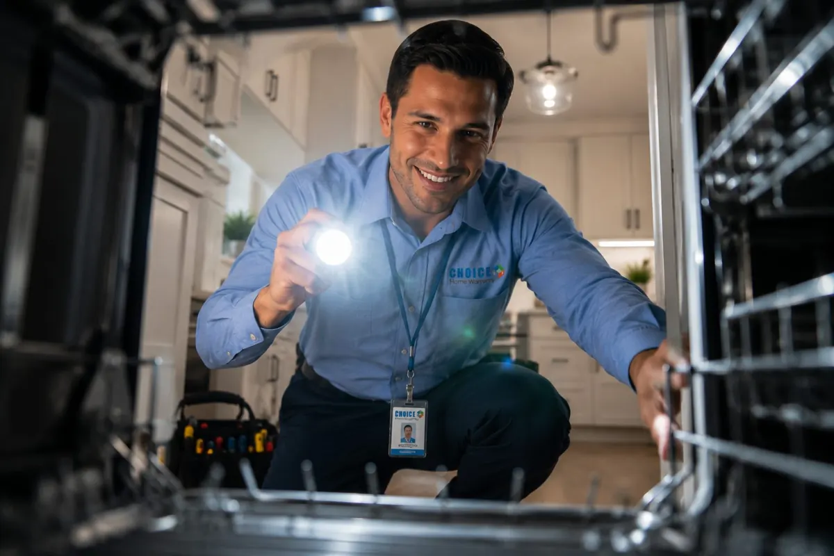 Home warranty technician using a flashlight to inspect the interior of a dishwasher during a service call