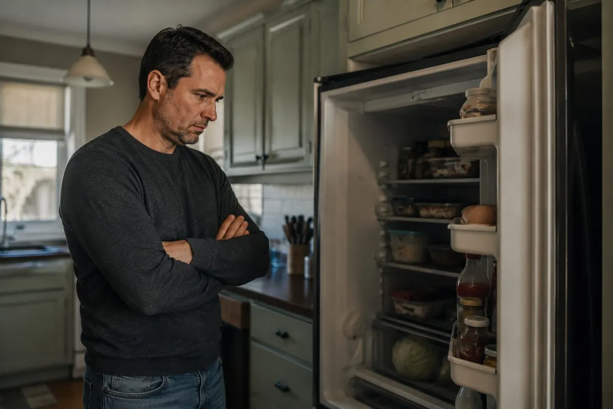 Homeowner standing with arms crossed in front of a broken refrigerator that stopped cooling