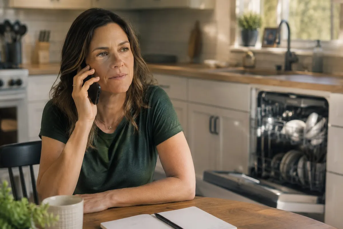 Homeowner on the phone filing a home warranty claim while sitting at her kitchen table