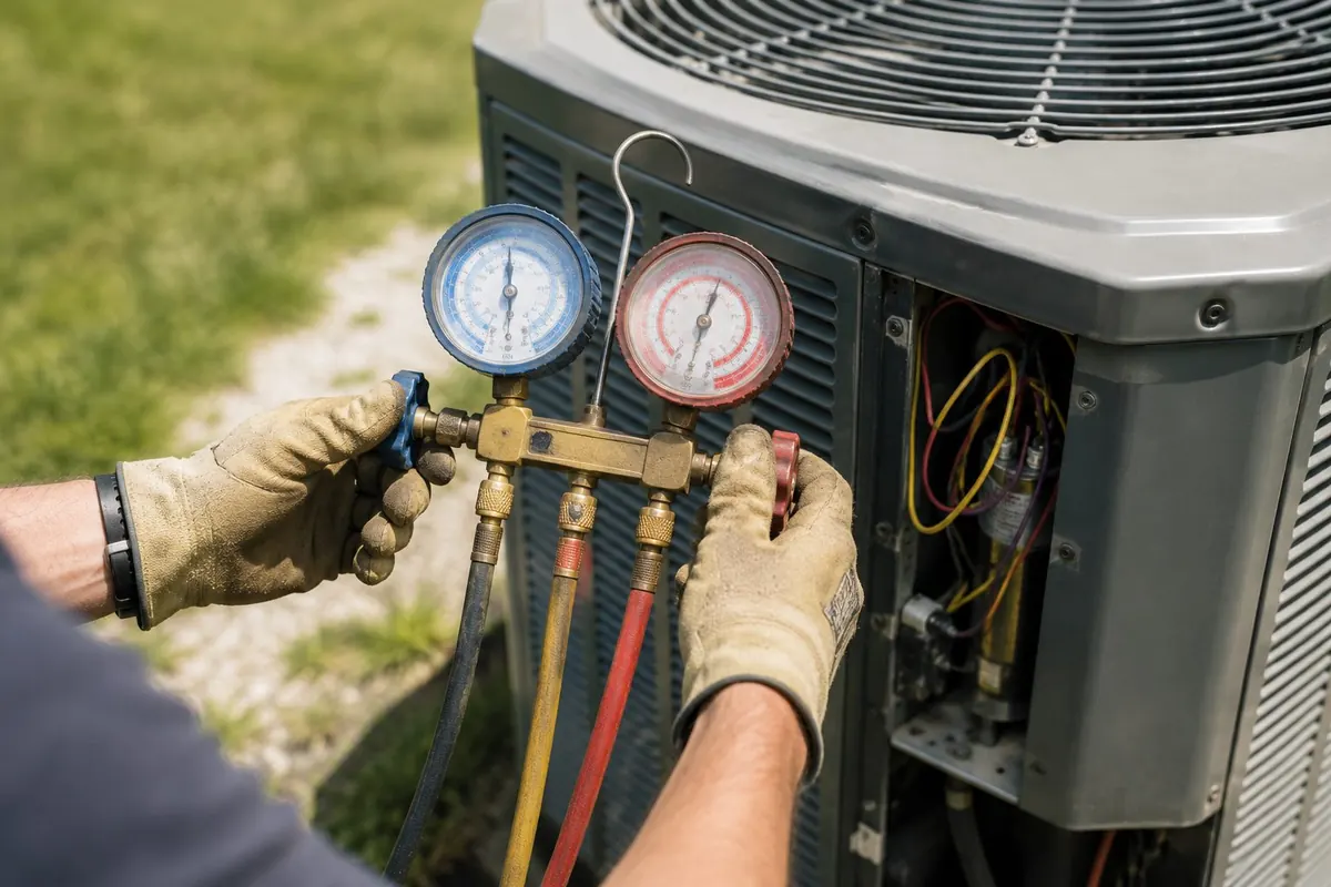 HVAC technician checking refrigerant pressure with manifold gauges on an outdoor air conditioning unit