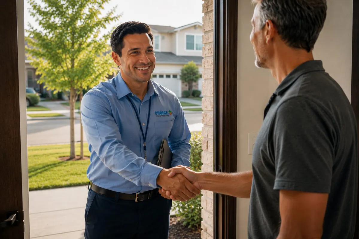 Choice Home Warranty technician shaking hands with a satisfied homeowner after completing a repair